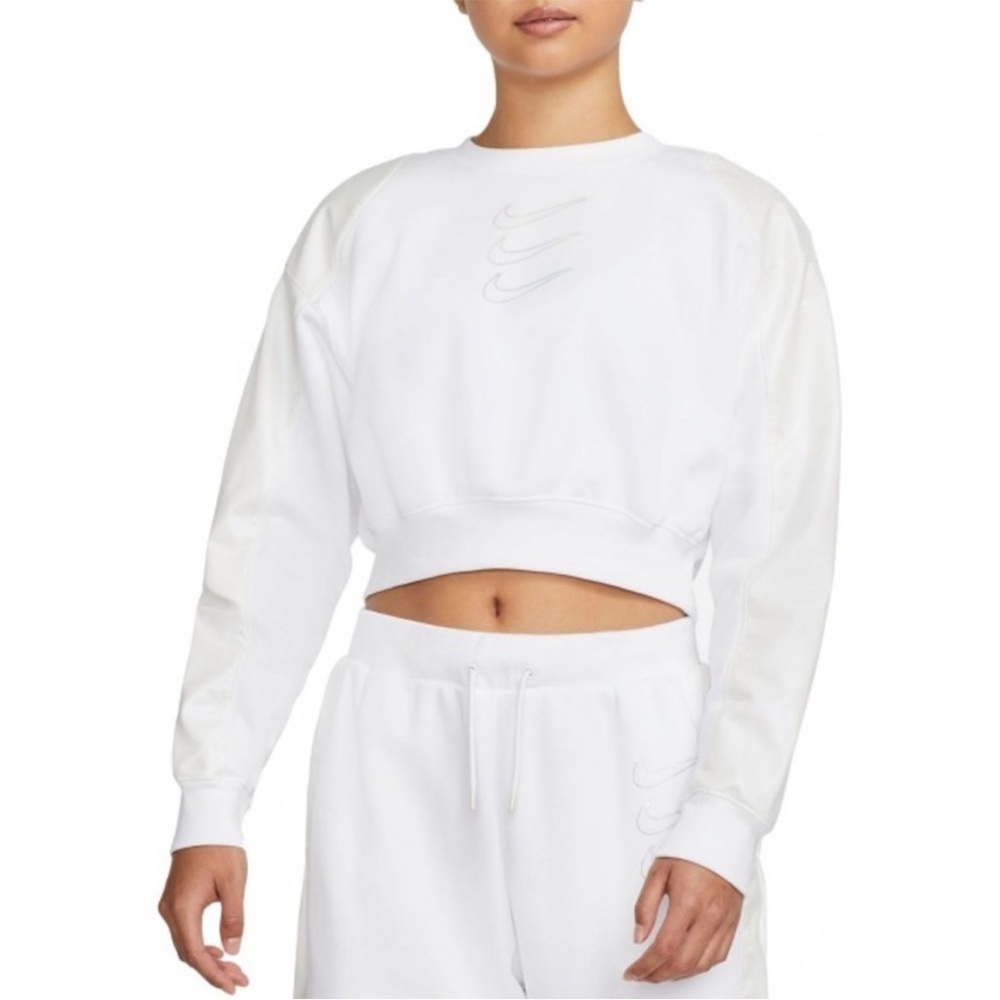 NWT NIKE WHITE OPAL CROP CREW SWEATSHIRT w/ SWOOSH LOGO & BACK NECK ZIPPER SZ S